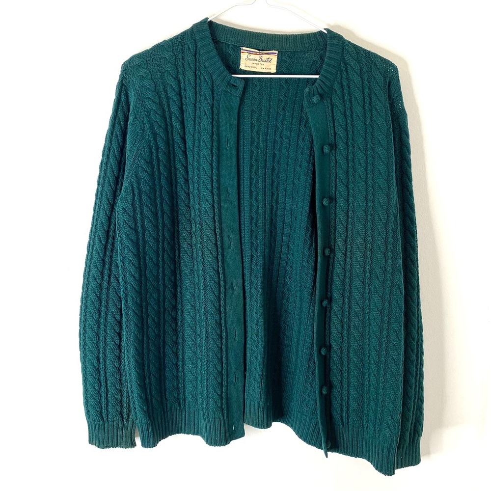 Susan Bristol Green Vintage Wool Knit Button Cardigan